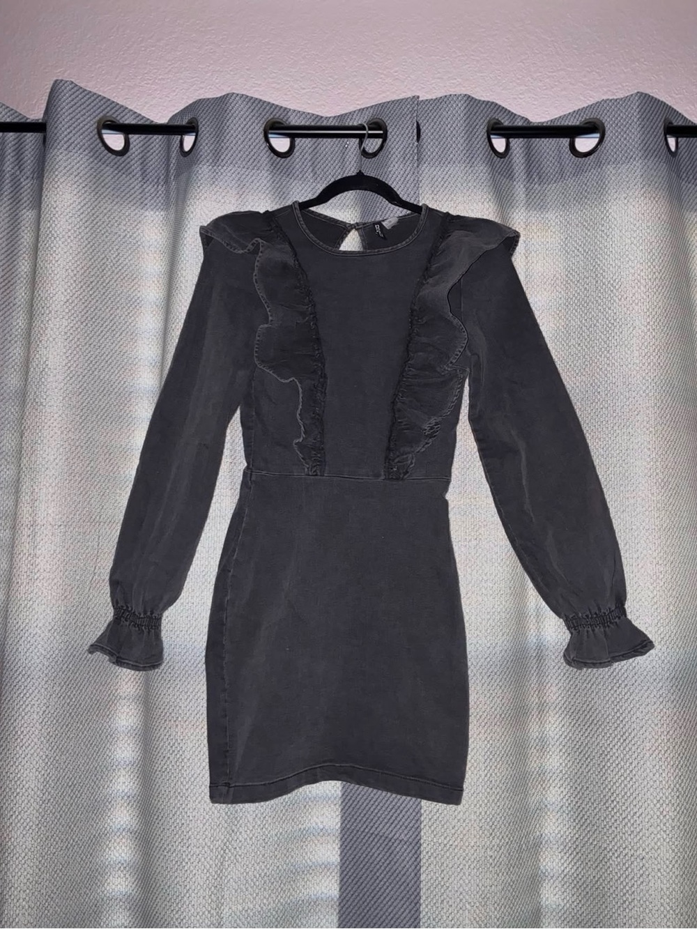 H&M Ruffled Gray Denim Long Sleeve Dress